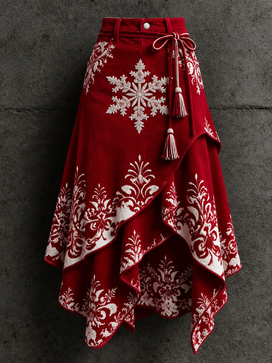 Women's Retro Style Art Print Irregularly Layered Stitched Skirt