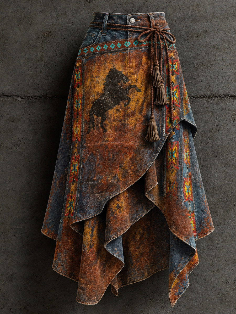 Women's Retro Style Art Print Irregularly Layered Stitched Skirt