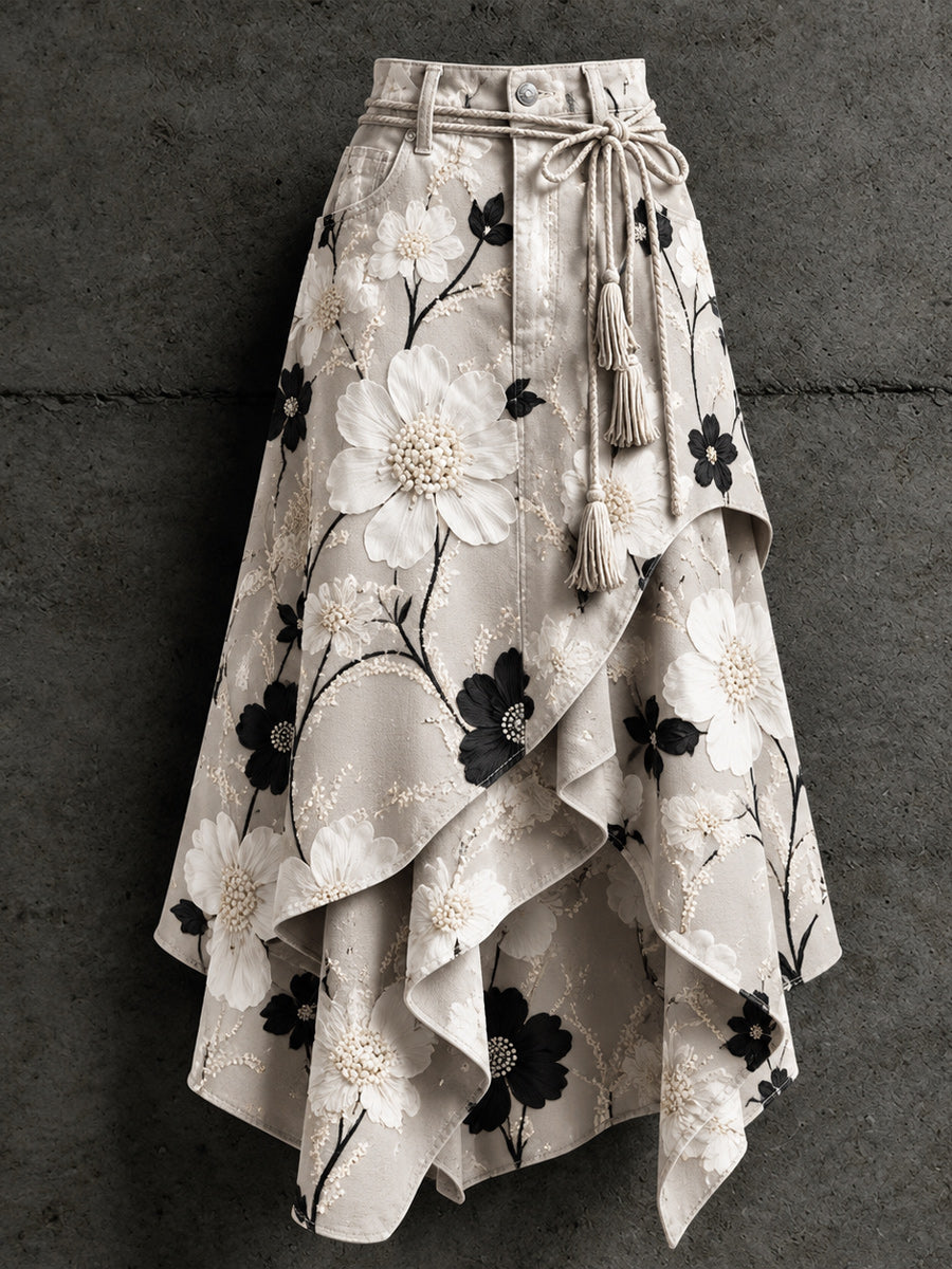 Women's Retro Style Art Print Irregularly Layered Stitched Skirt