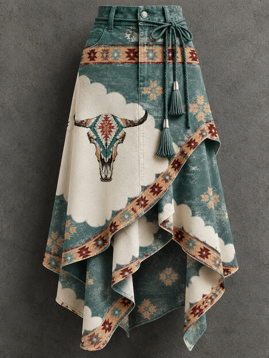 Women's Retro Style Art Print Irregularly Layered Stitched Skirt