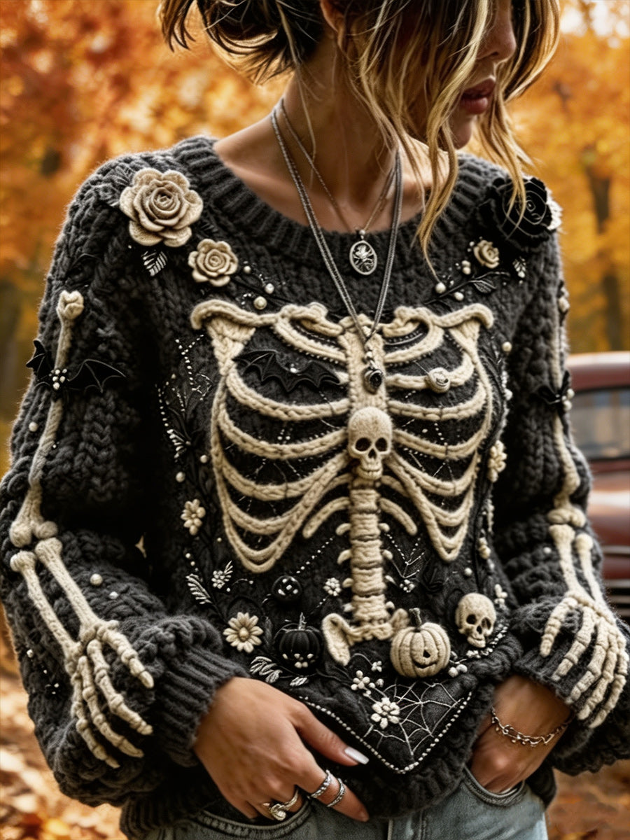 Retro Autumn Art Printed Vintage Round-Neck Casual Long Sleeve Top