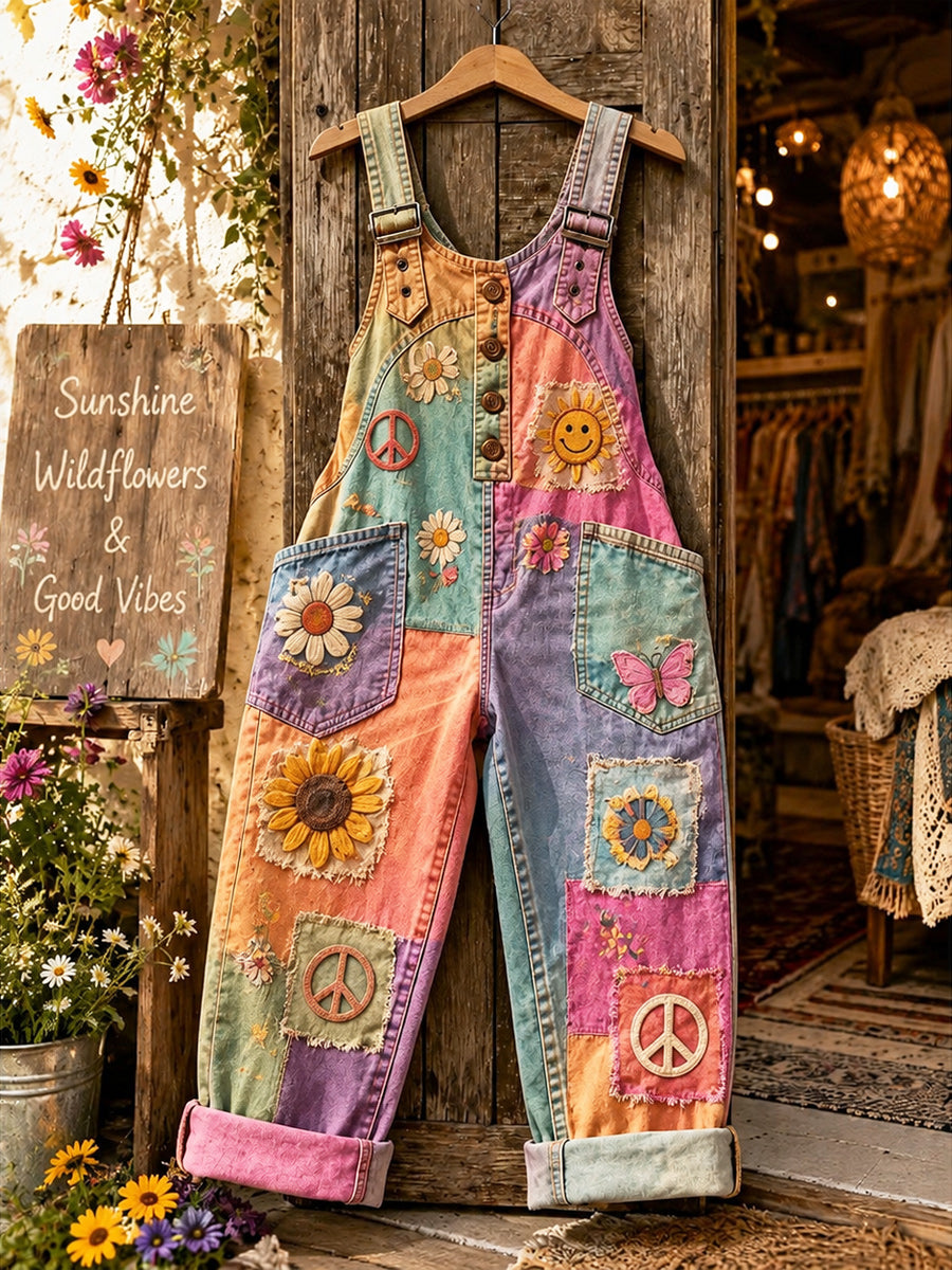 Women's Retro Style Art Print Washed Cotton Denim Patchwork Jumpsuit