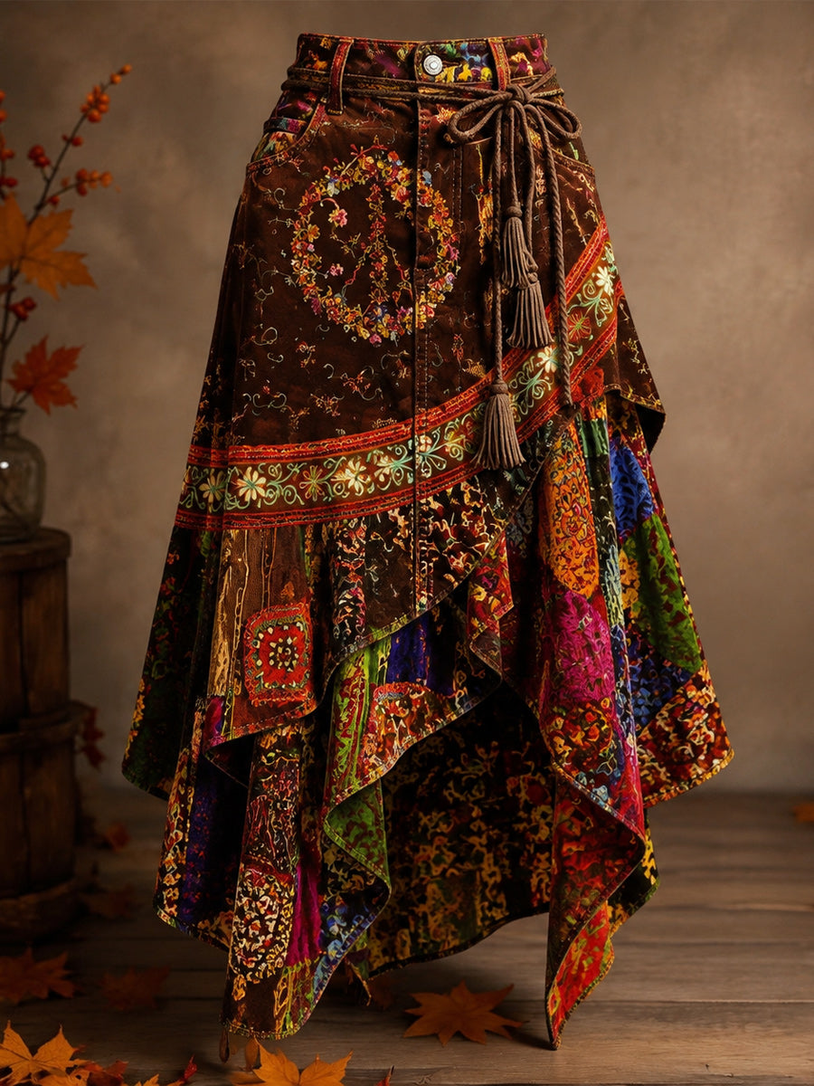 Women's Retro Style Art Print Irregularly Layered Stitched Skirt