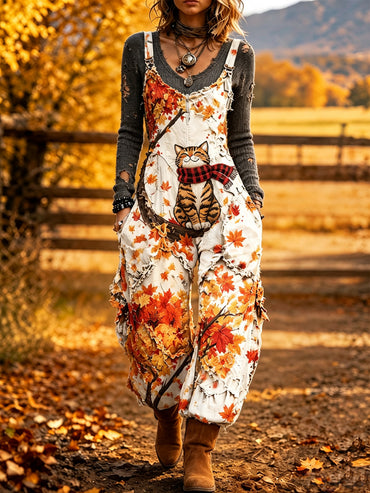 Women's Retro Autumn Style Art Print Washed Cotton Denim Patchwork Jumpsuit