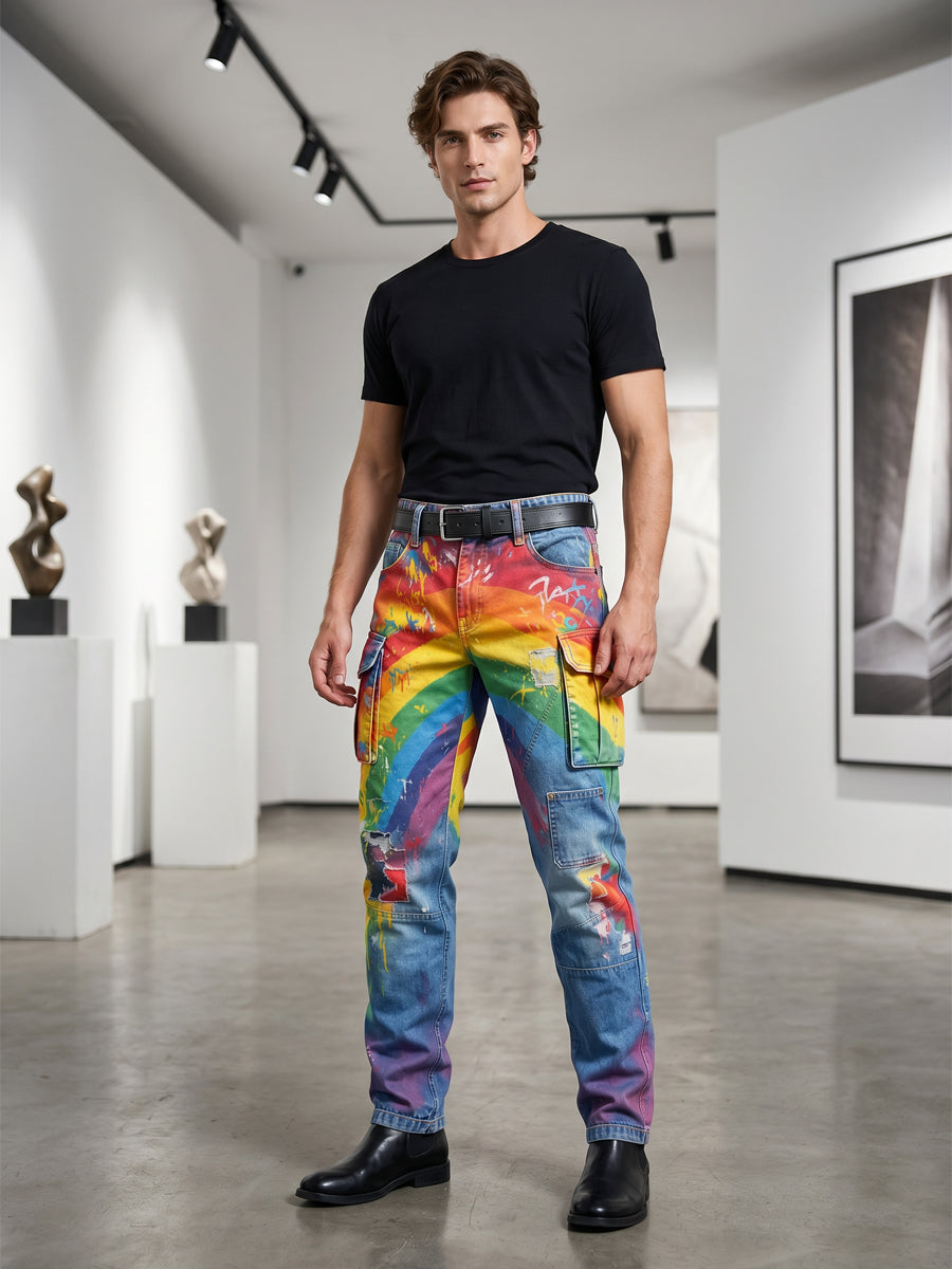 Men's Retro Rainbow Pattern Printed Casual Work Pants