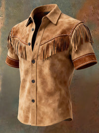 Men's Retro Western Printed Vintage Tassel Casual Short Sleeves Shirt