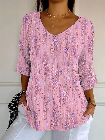 Women's Artistic Design Printed Ribbed Fabric Casual V-Neck Mid-Sleeve T-Shirt