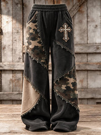 Women's Retro Camouflage Cross Pattern Patchwork Print Casual Flannel Sweatpants