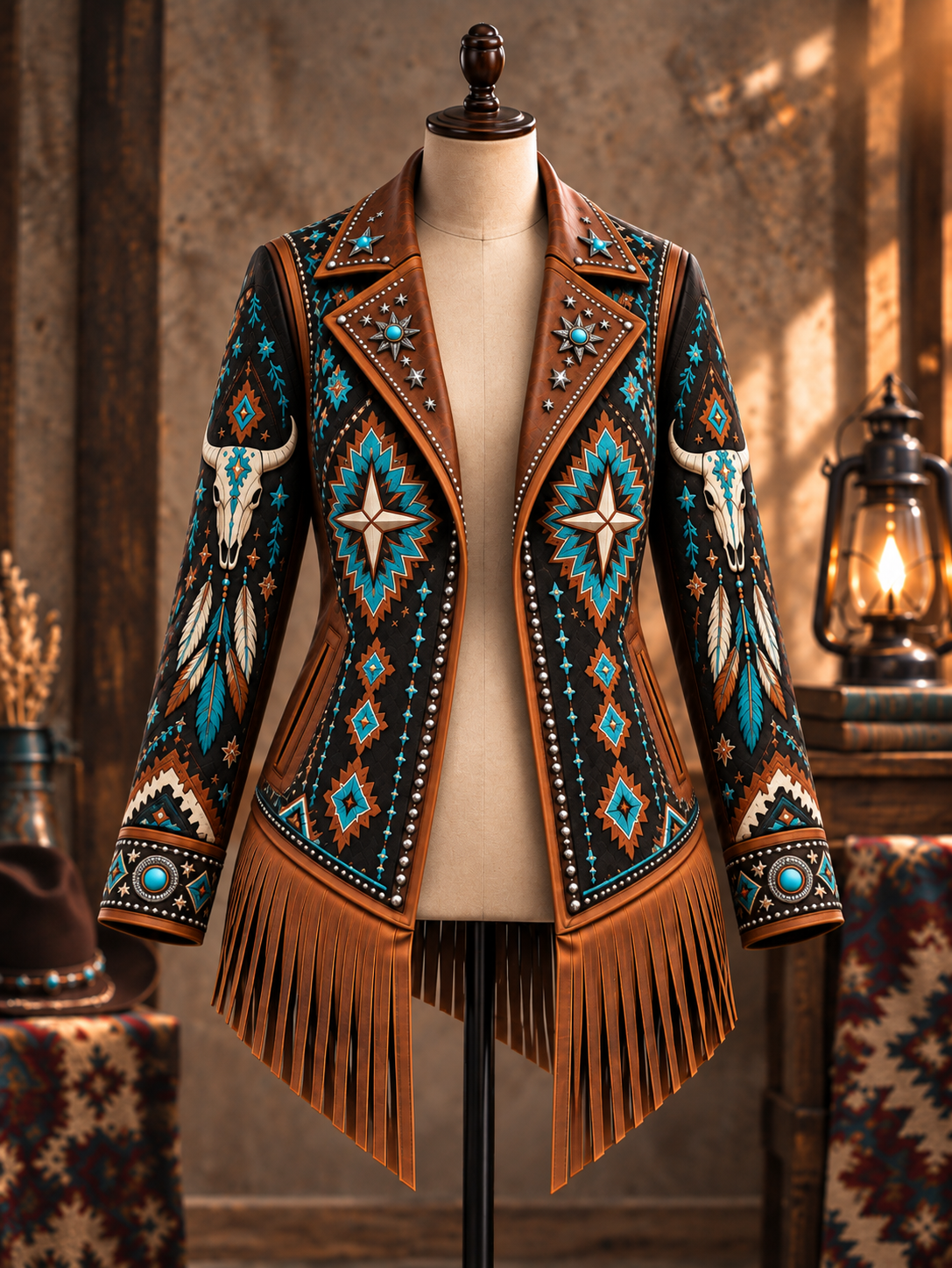 Western Style Art Print Vintage Long Sleeve Fringe Jacket