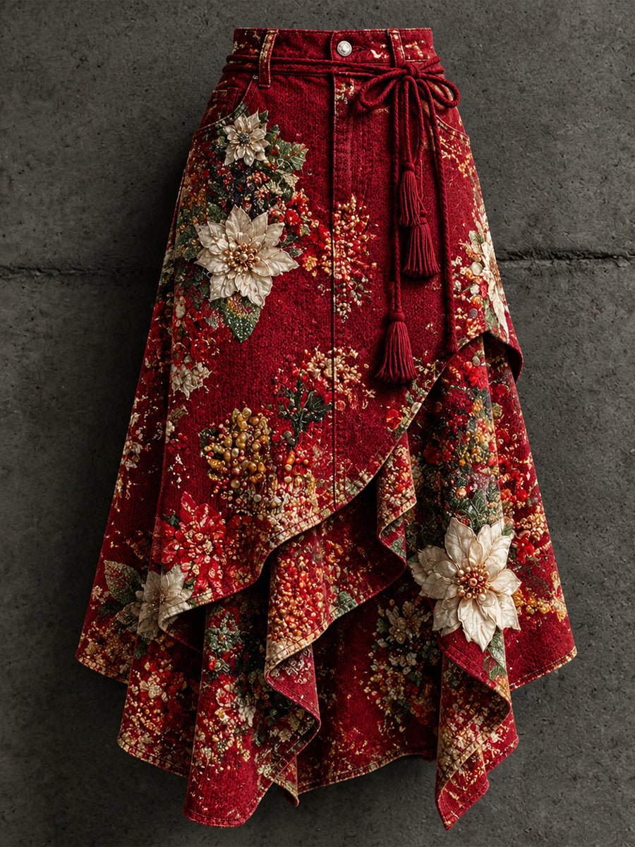 Women's Retro Style Art Print Irregularly Layered Stitched Skirt