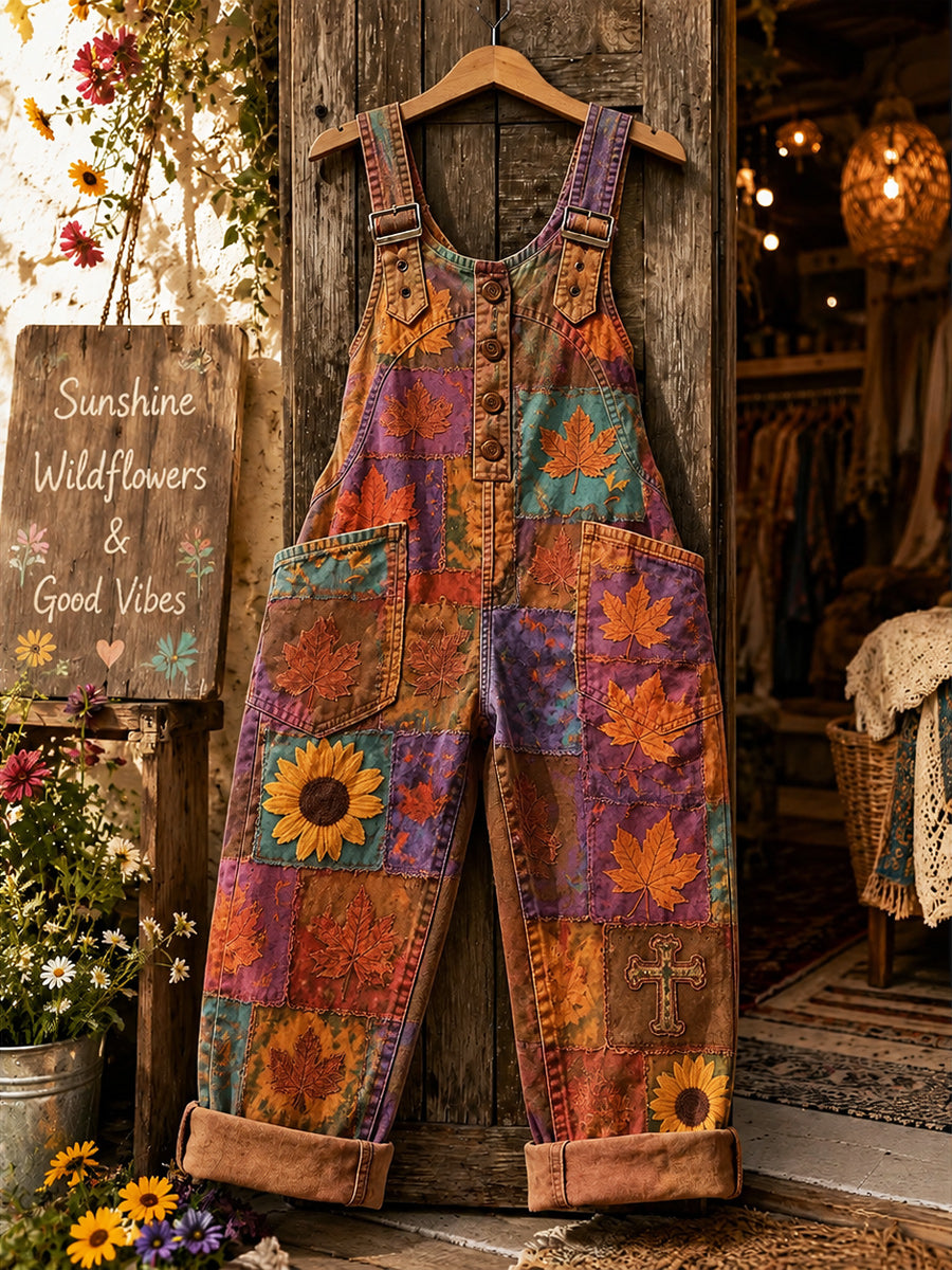 Women's Retro Style Art Print Washed Cotton Denim Patchwork Jumpsuit