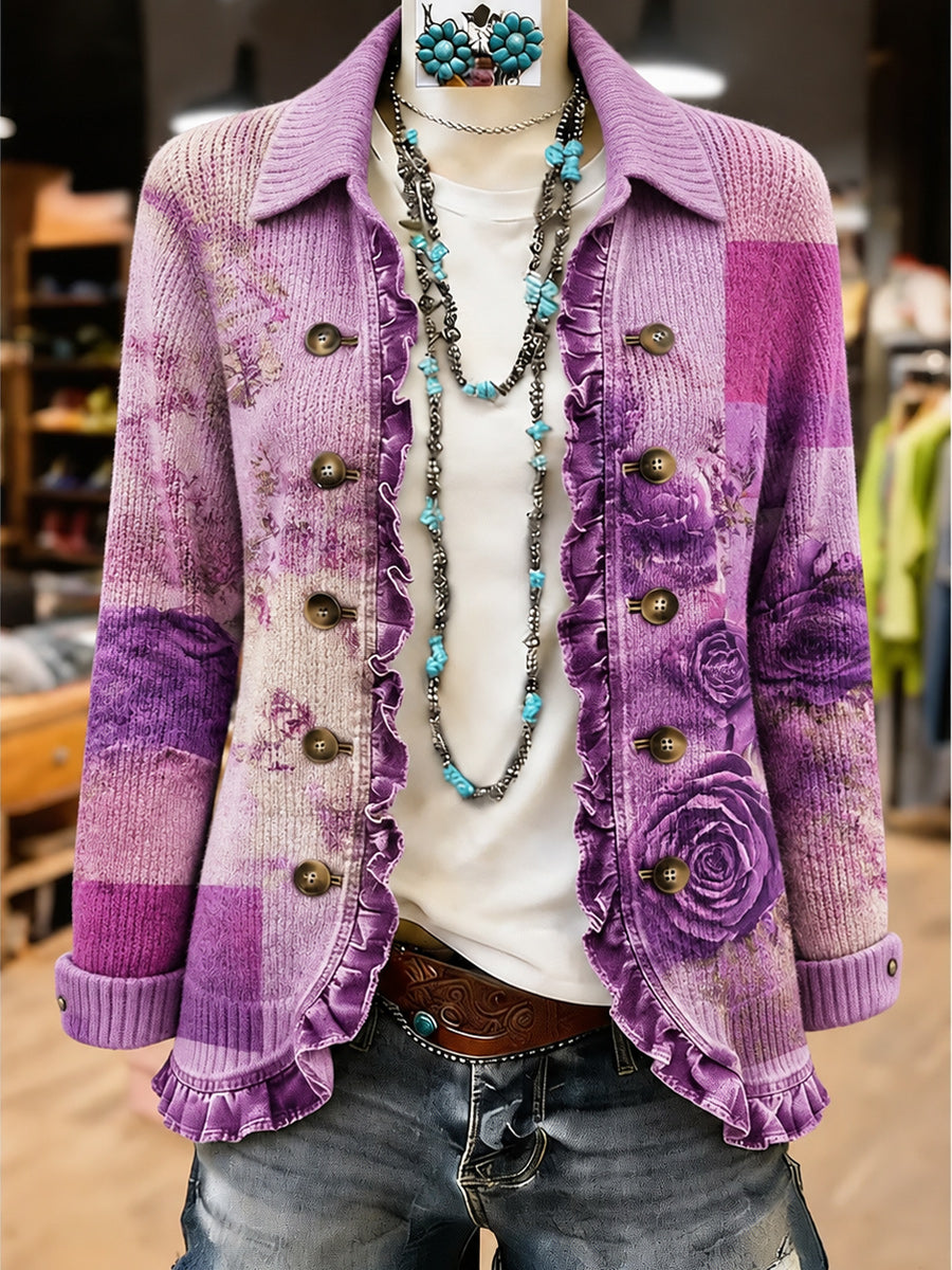 Women's Vintage Floral Art Print Casual Ruffled Shirt Jacket