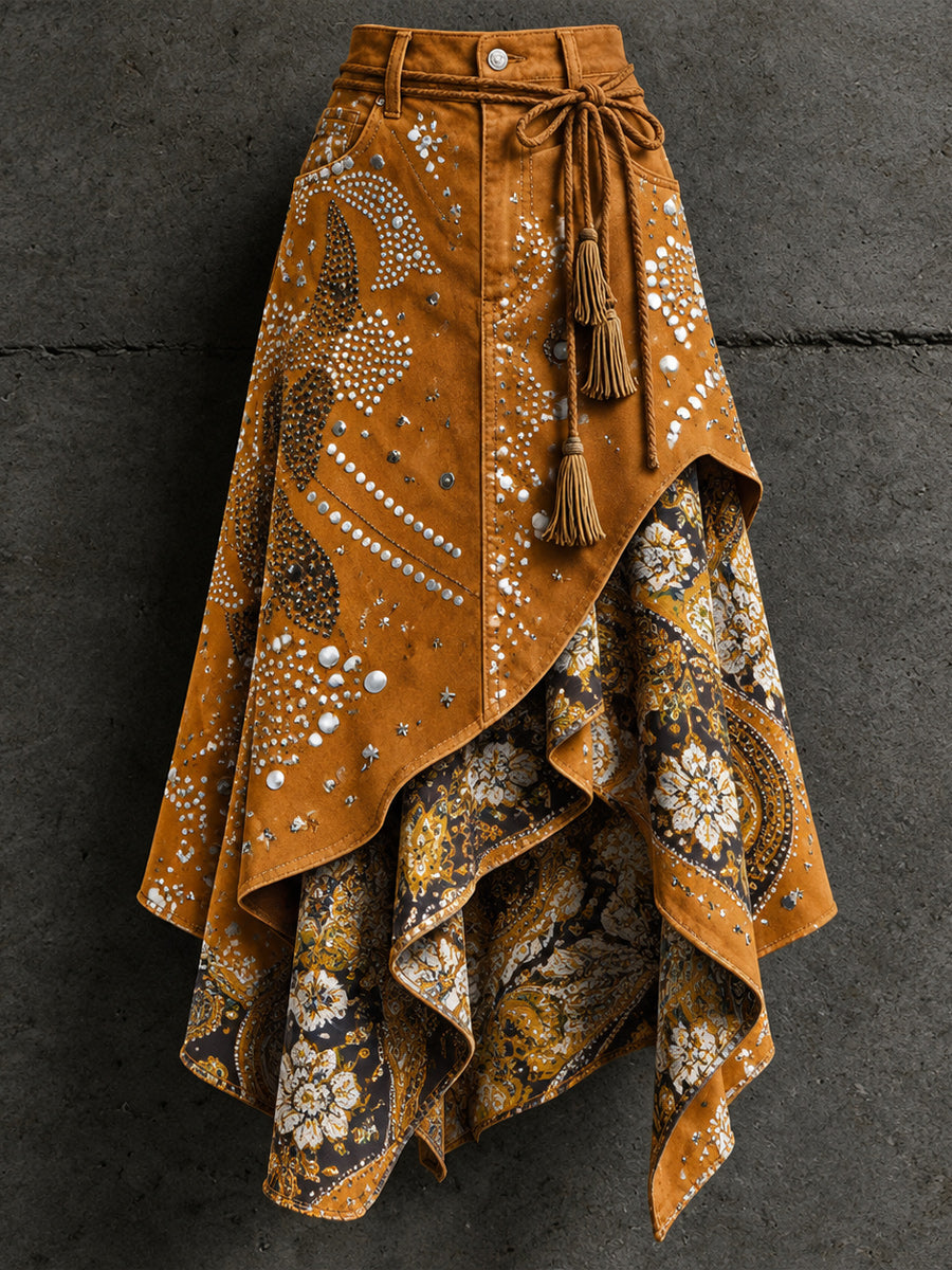 Women's Retro Style Art Print Irregularly Layered Stitched Skirt