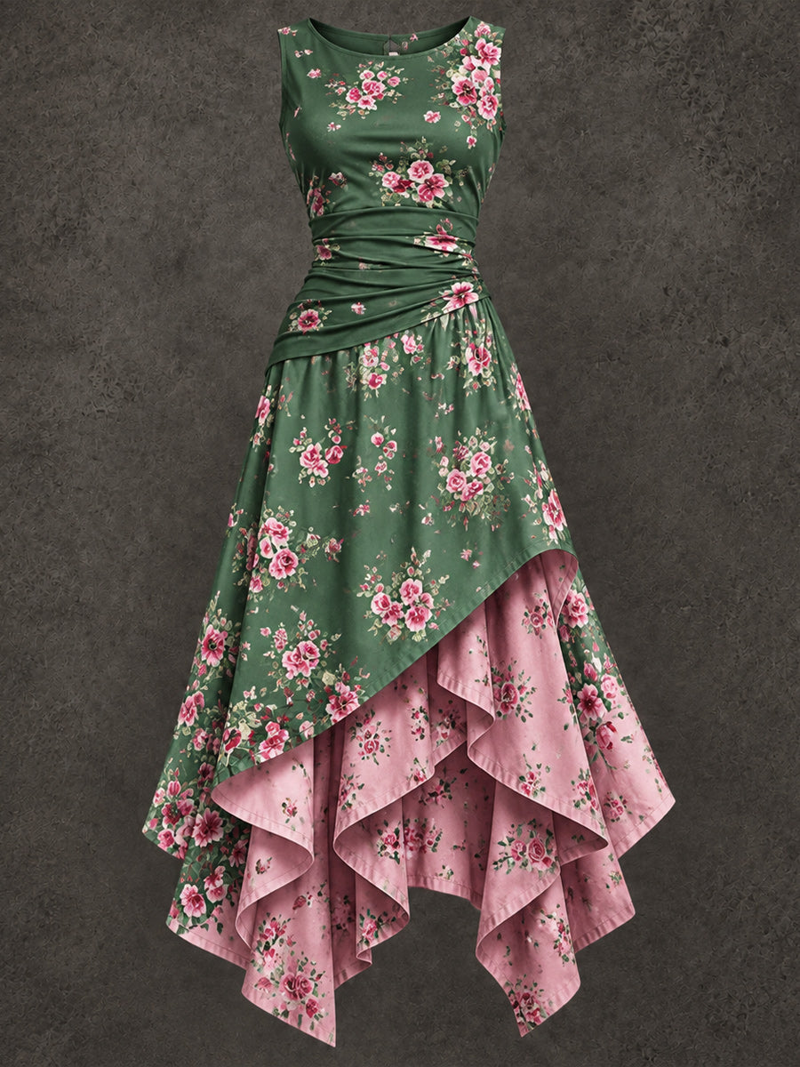 Retro Art Printed Vintage Sleeveless Irregularly Layered Stitched Midi Dress