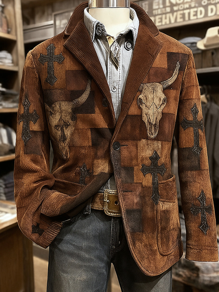 Men's Retro Western Style Art Print Casual Pocket Blazers