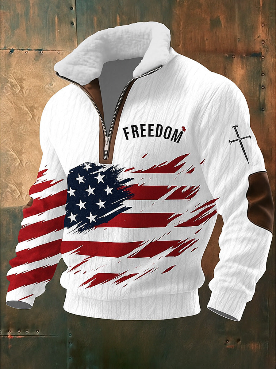Men's Freedom American Flag Printed Jacquard Fabric Zipper Fur Collar Long Sleeve Sweatshirt