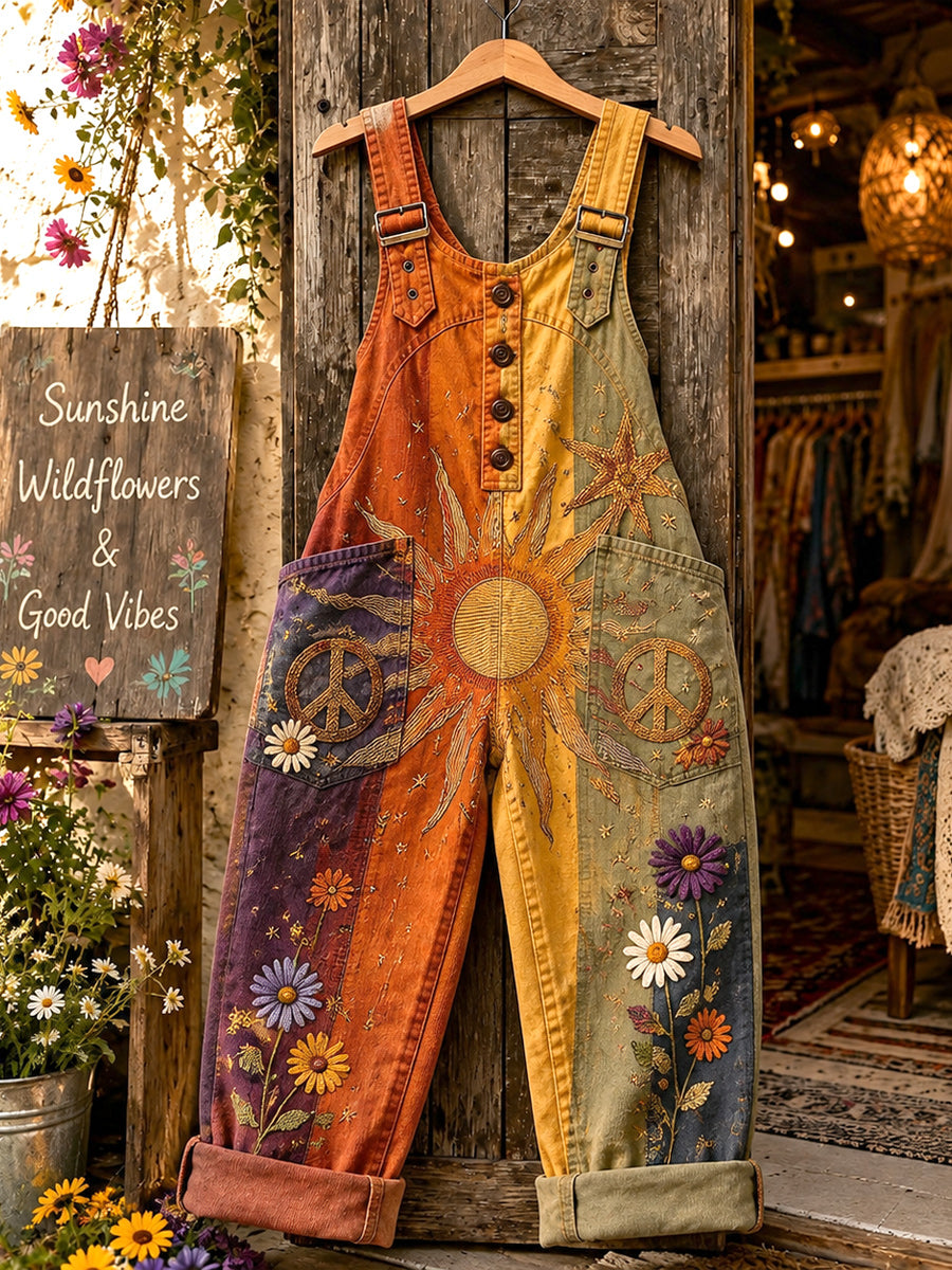 Women's Retro Style Art Print Washed Cotton Denim Patchwork Jumpsuit