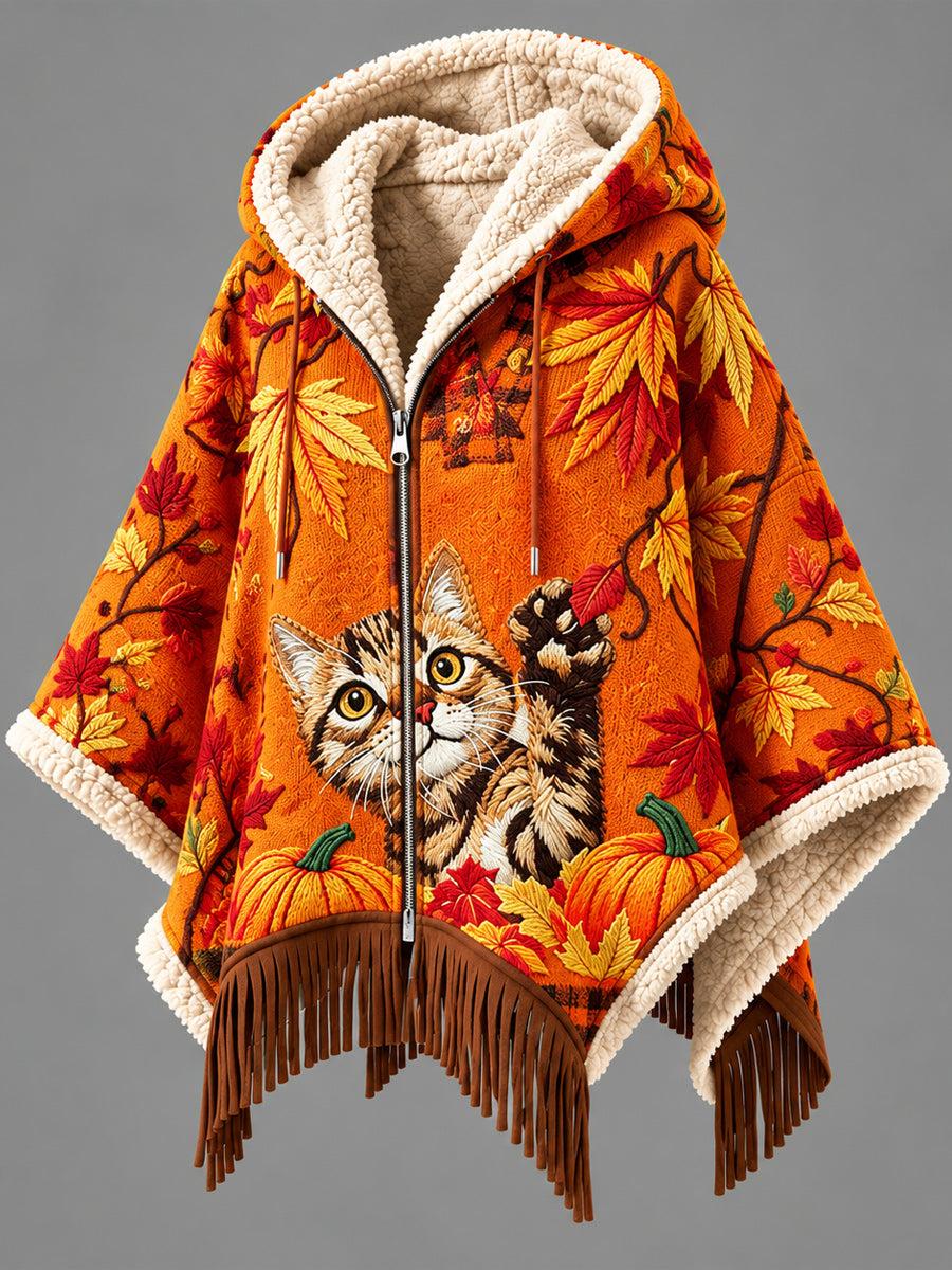 Women's Fall Winter Vintage Art Fleece-Lined Hooded Fringe Poncho
