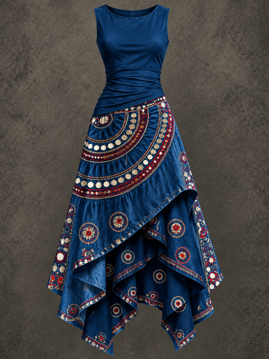 Retro Art Printed Vintage Sleeveless Irregularly Layered Stitched Midi Dress