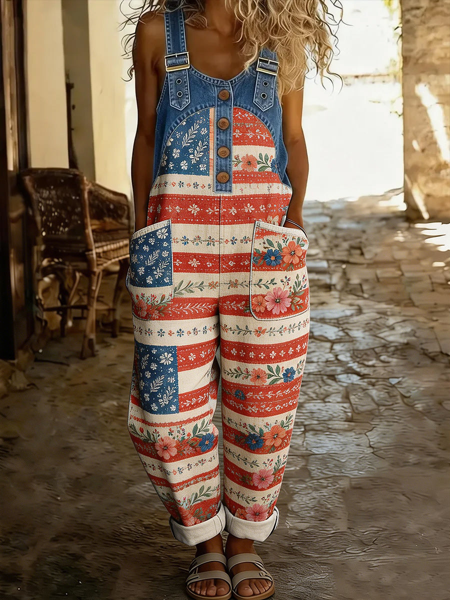 Women's Retro Style Art Print Washed Cotton Denim Patchwork Jumpsuit