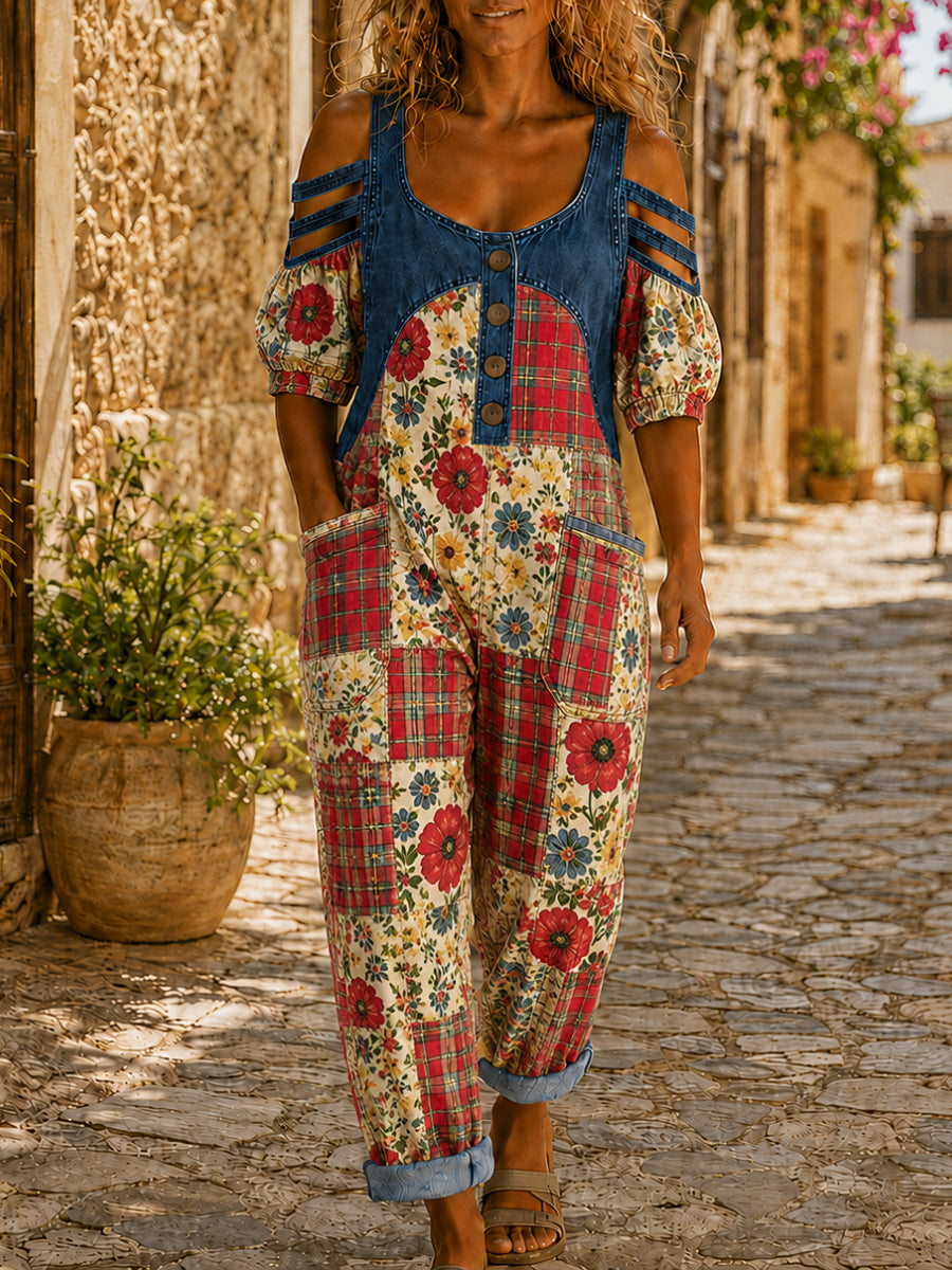 Women's Casual Short Sleeve Denim Patchwork Jumpsuit