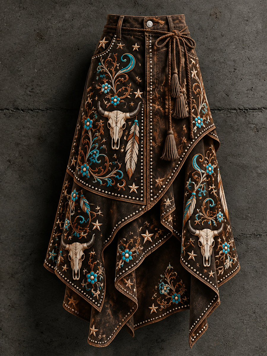 Women's Retro Style Art Print Irregularly Layered Stitched Skirt