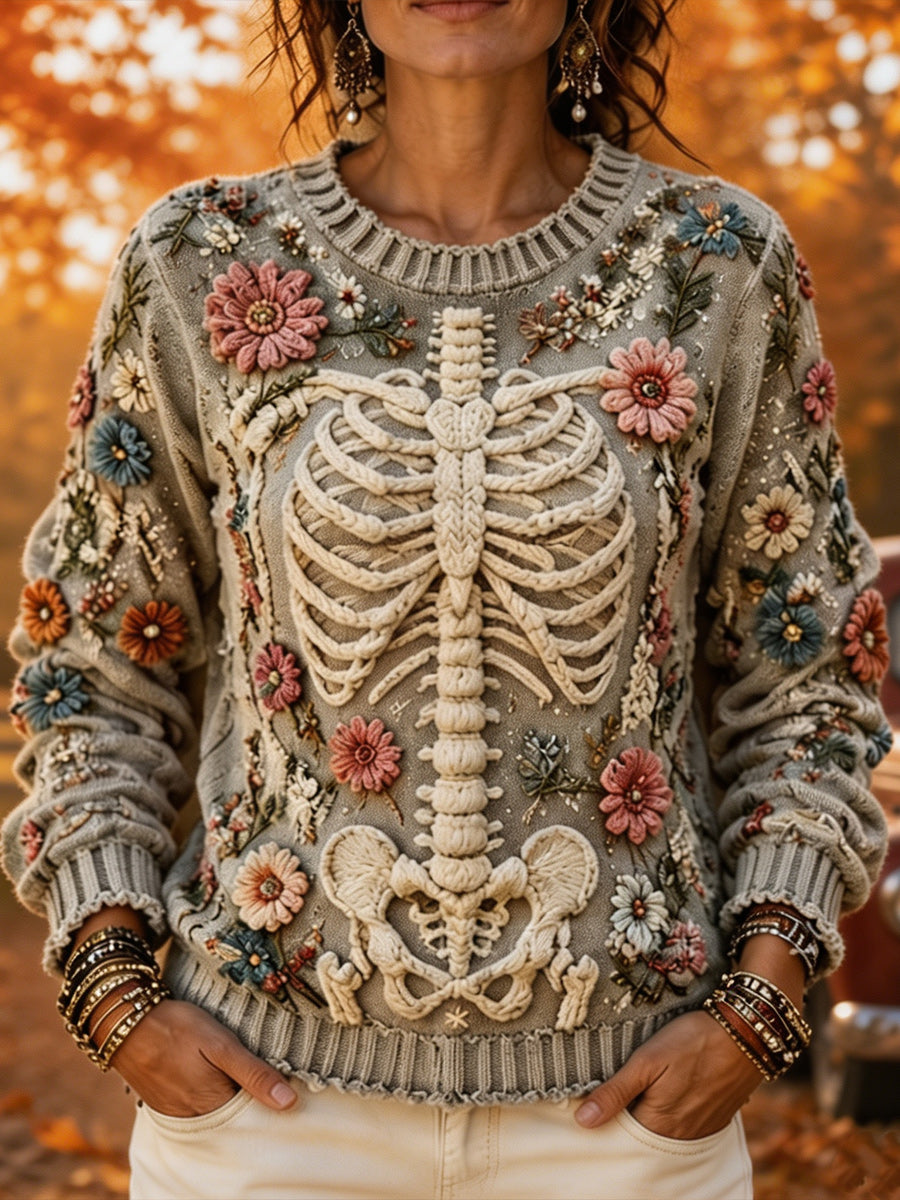 Retro Autumn Art Printed Vintage Round-Neck Casual Long Sleeve Top