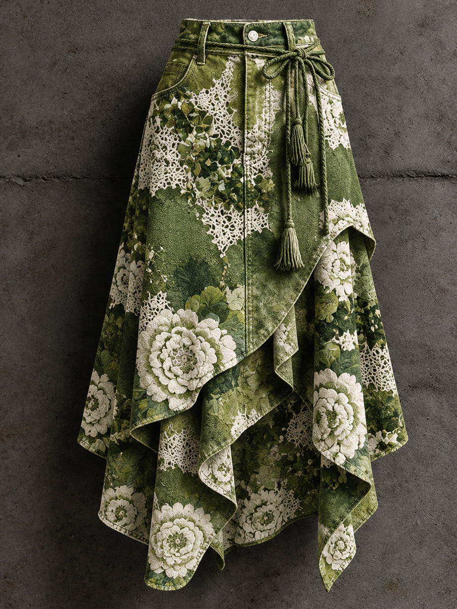Women's Retro Style Art Print Irregularly Layered Stitched Skirt