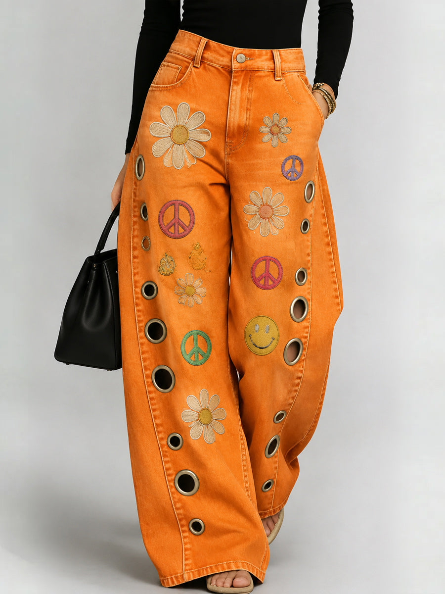 Women's Retro Style Art Print Casual  Hollow Wide Leg Pants