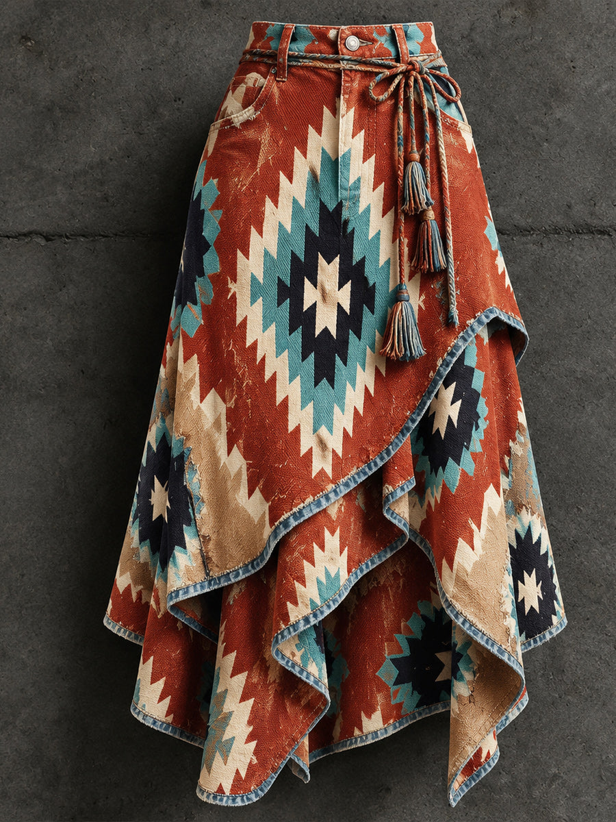Women's Retro Style Art Print Irregularly Layered Stitched Skirt