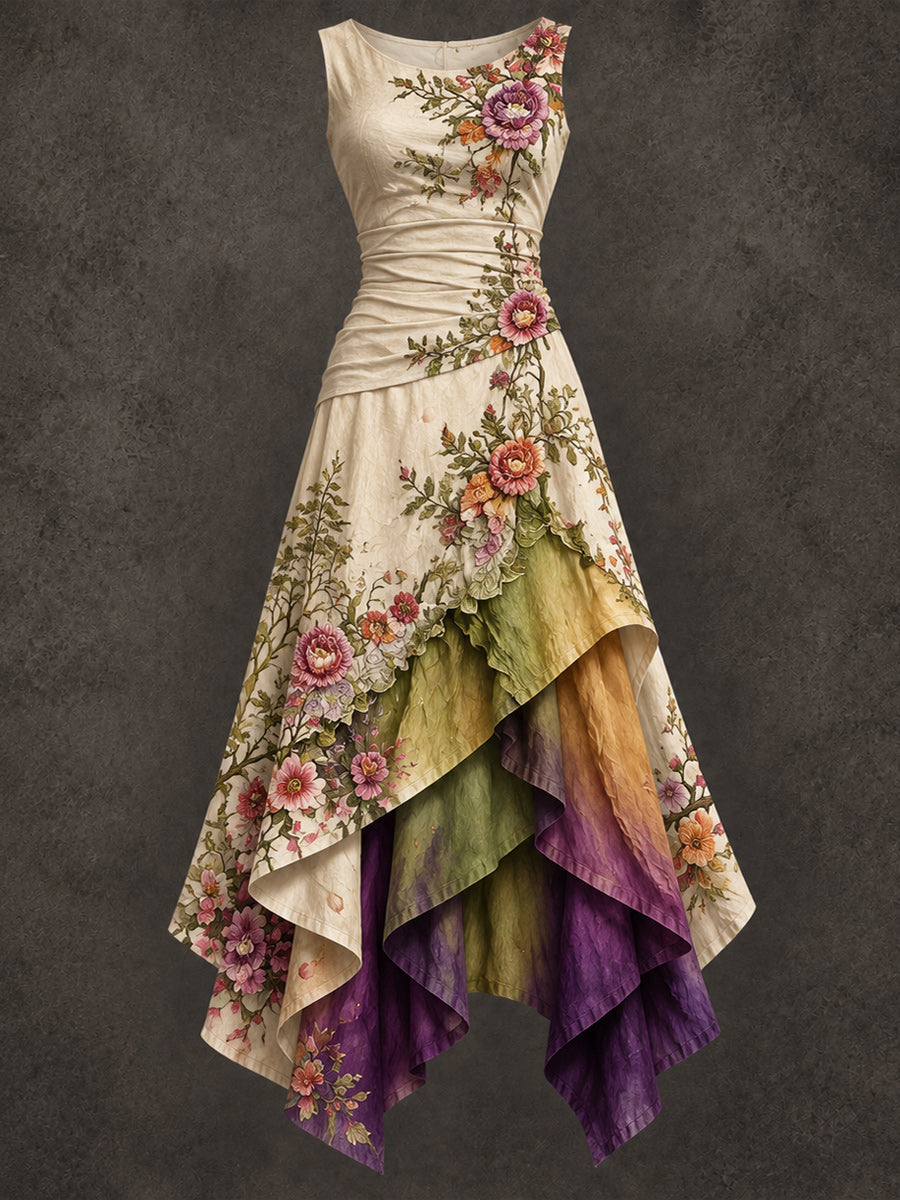 Retro Art Printed Vintage Sleeveless Irregularly Layered Stitched Midi Dress
