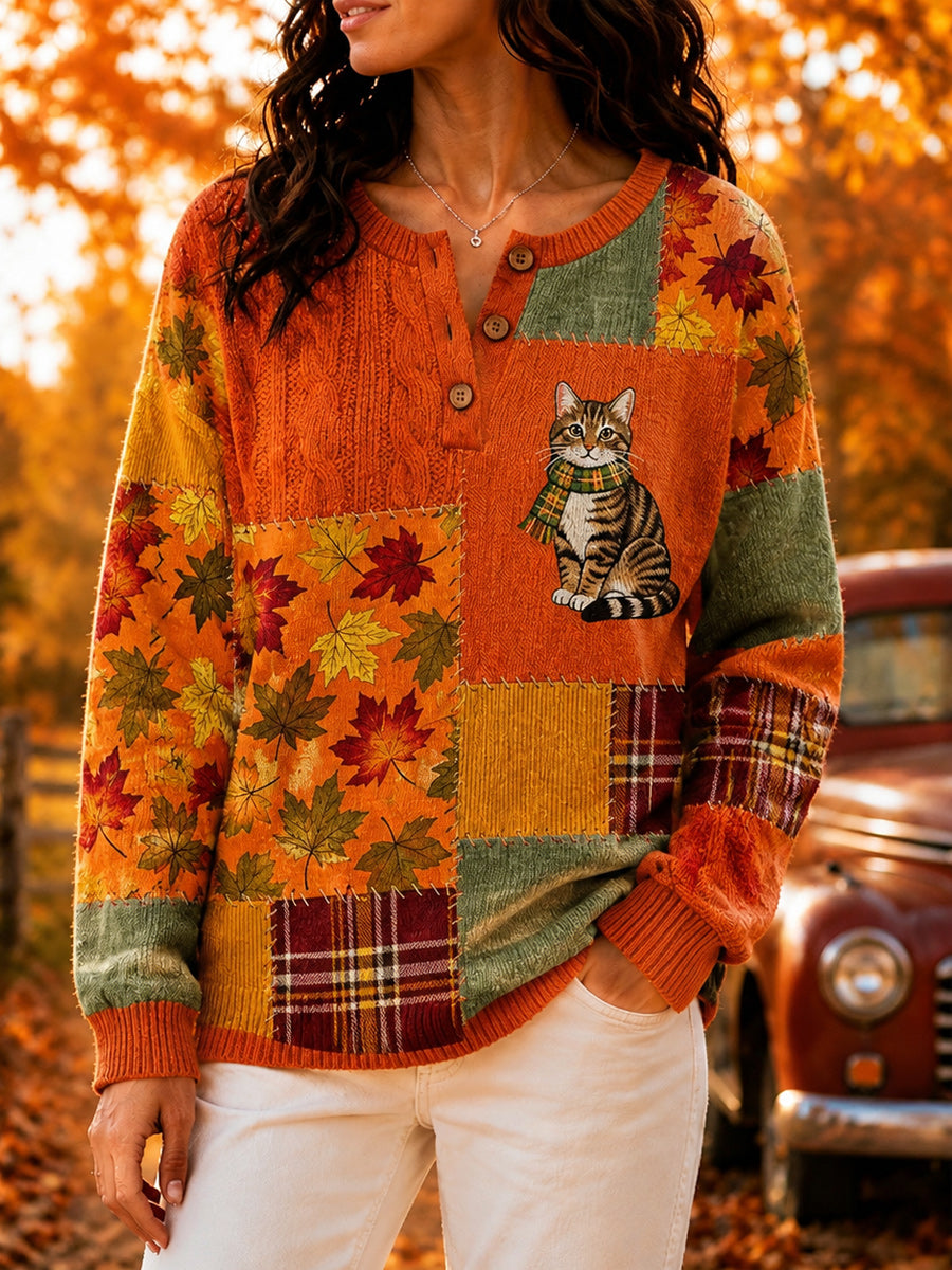 Women's Retro Autumn Art Print Knit Sweater
