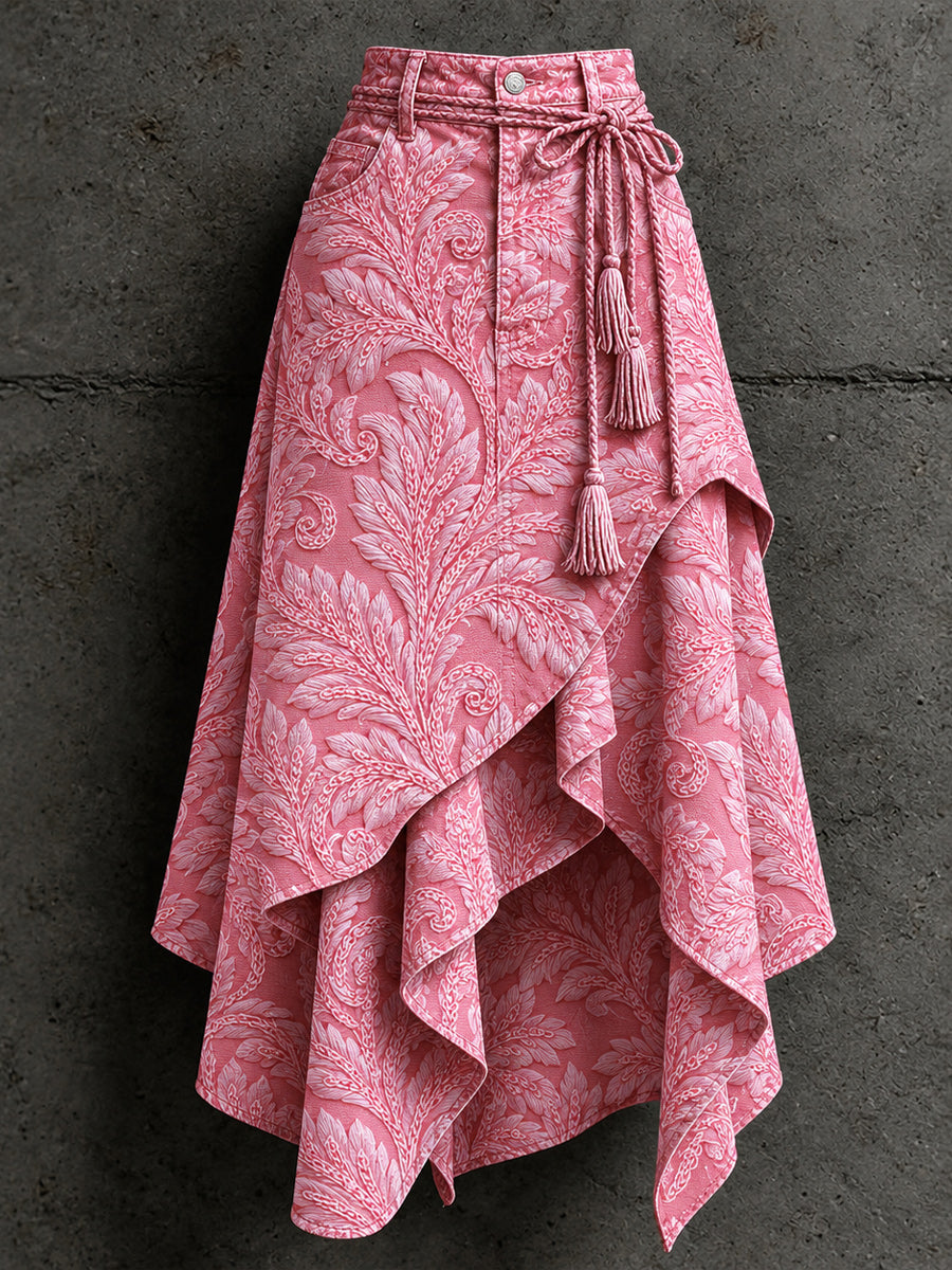 Women's Retro Style Art Print Irregularly Layered Stitched Skirt