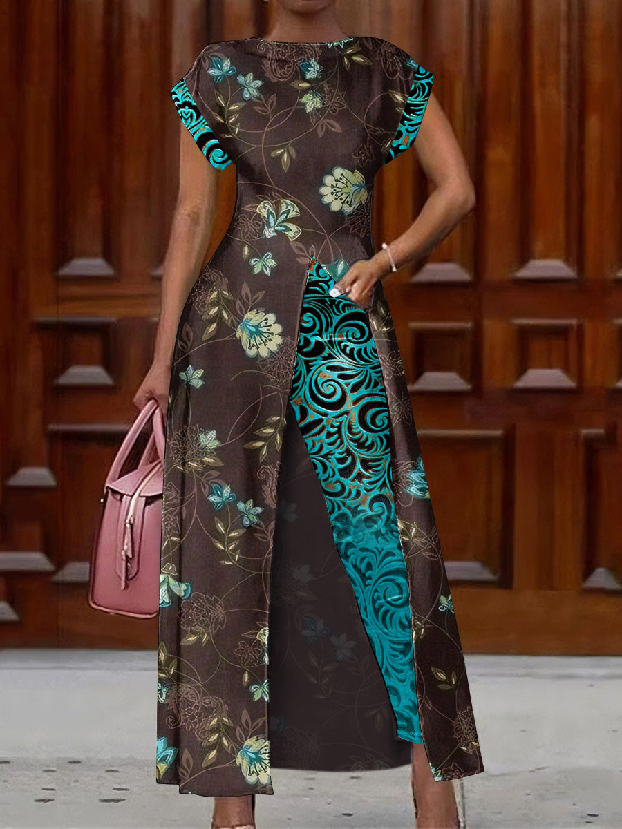 Retro Boho Floral Art Print Vintage Long Split Shirts Dress Skinny Pants Two-Piece Set