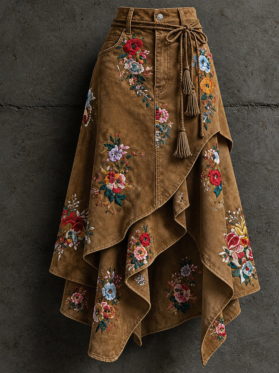 Women's Retro Style Art Print Irregularly Layered Stitched Skirt