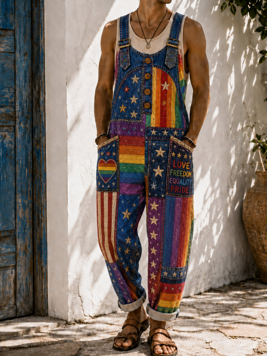 Men's Pride Month Art Print Casual Sleeveless Denim Patchwork Jumpsuit
