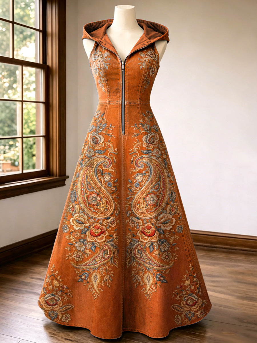 Retro Style Art Print Vintage V-Neck Hooded Zipper Maxi Dress