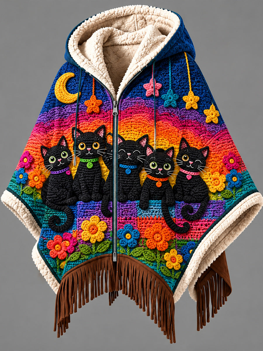Women's Fall Winter Vintage Art Fleece-Lined Hooded Fringe Poncho