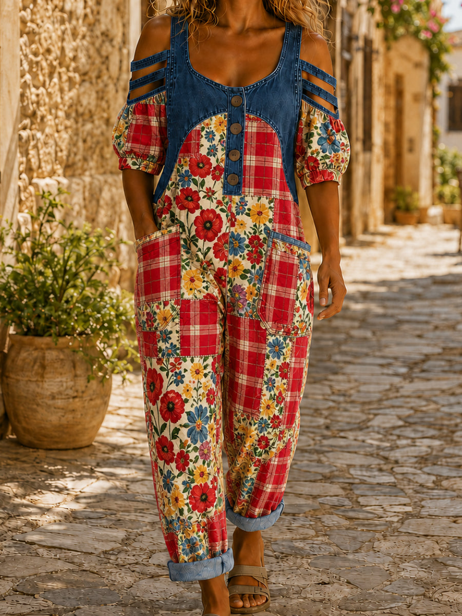 Women's Casual Short Sleeve Denim Patchwork Jumpsuit