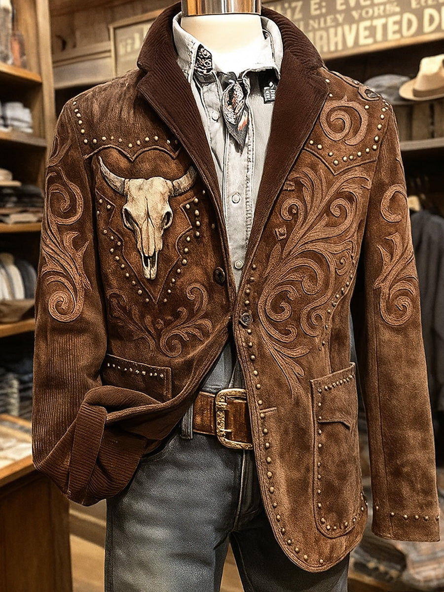 Men's Retro Western Style Art Print Casual Pocket Blazers