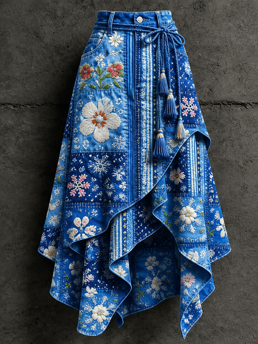 Women's Retro Style Art Print Irregularly Layered Stitched Skirt