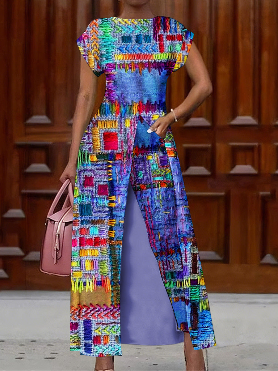 Retro Boho Floral Art Print Vintage Long Split Shirts Dress Skinny Pants Two-Piece Set