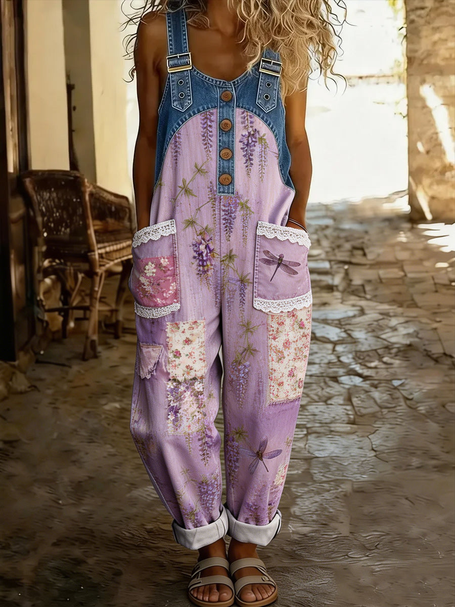 Women's Retro Style Art Print Washed Cotton Denim Patchwork Jumpsuit