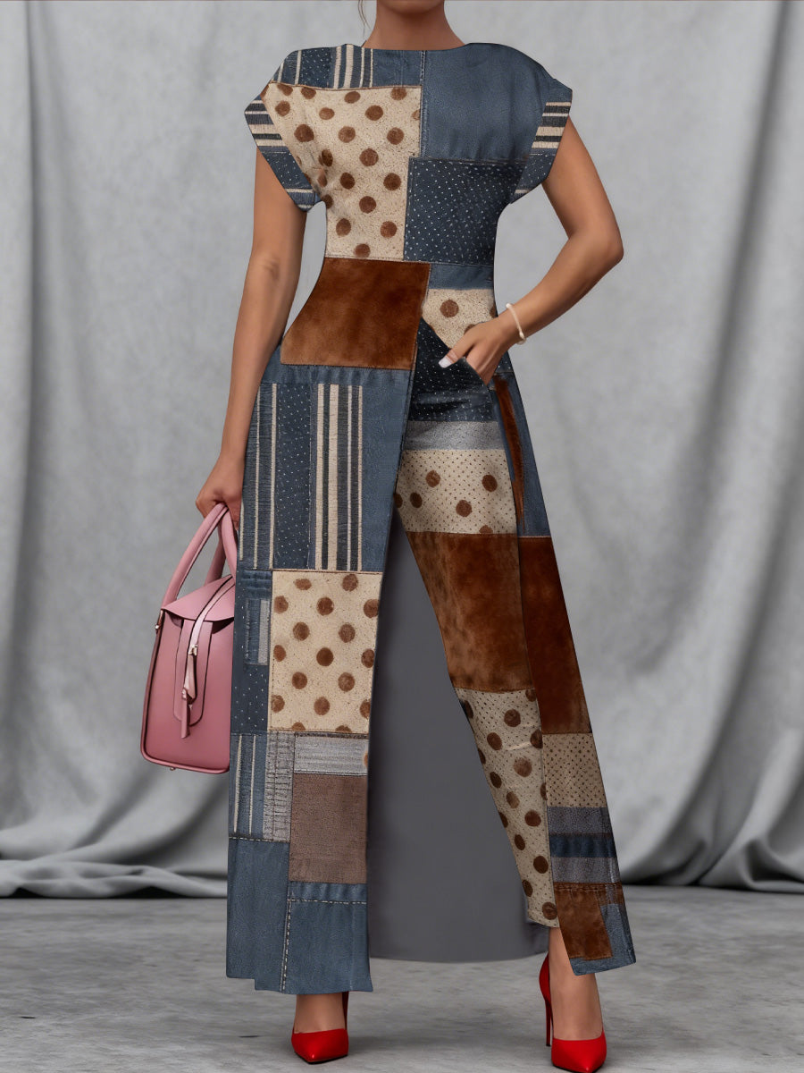Retro Boho Denim Floral Art Print Vintage Long Split Shirts Dress Skinny Pants Two-Piece Set
