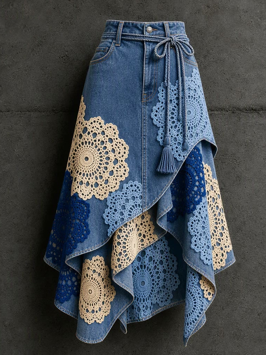 Women's Retro Style Art Print Irregularly Layered Stitched Skirt