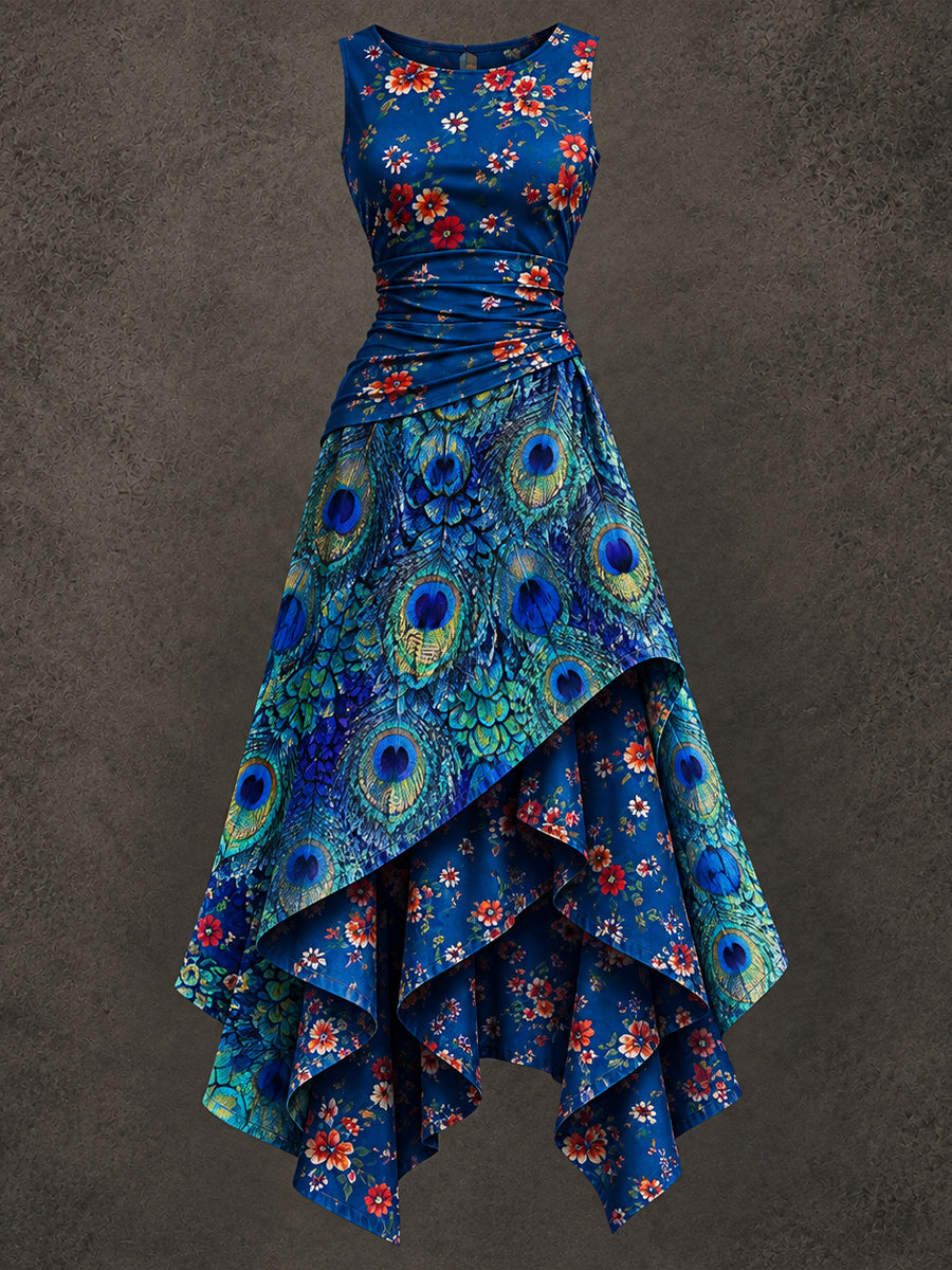 Retro Art Printed Vintage Sleeveless Irregularly Layered Stitched Midi Dress