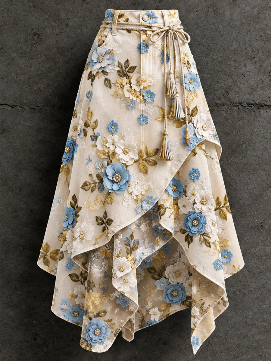 Women's Retro Style Art Print Irregularly Layered Stitched Skirt