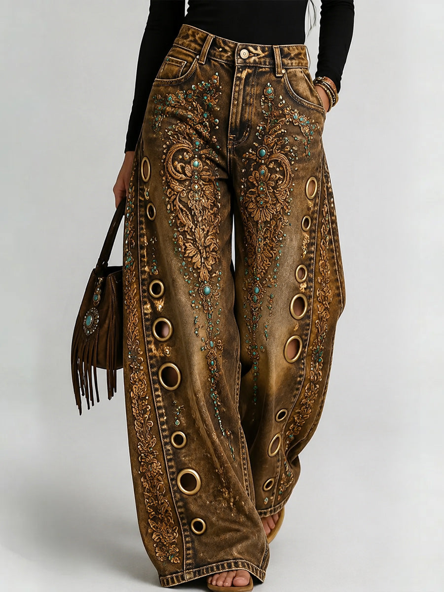 Women's Retro Style Art Print Casual  Hollow Wide Leg Pants
