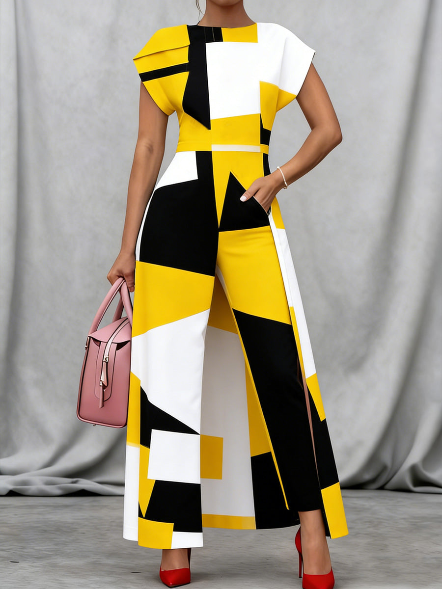 Retro Geometry Abstract Art Print Vintage Long Split Shirts Dress Skinny Pants Two-Piece Set