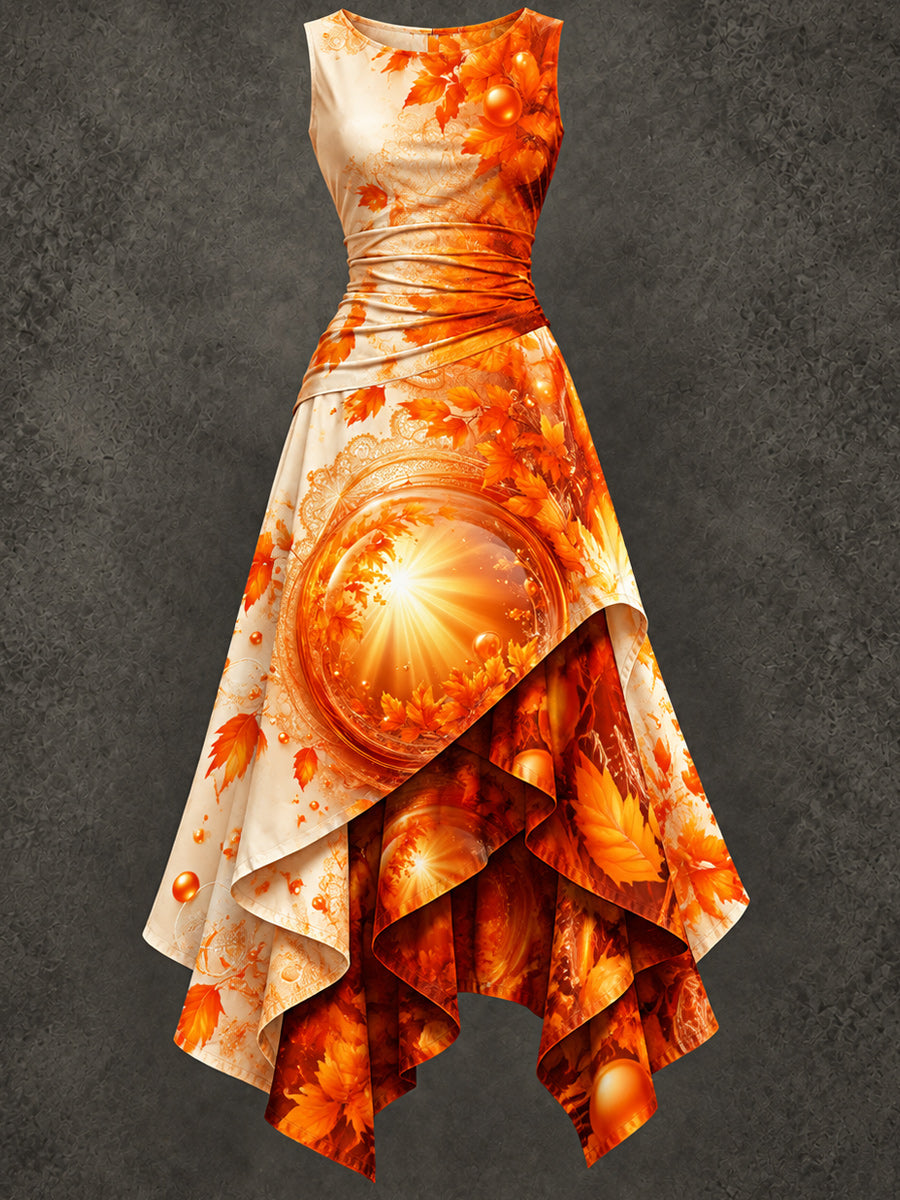 Retro Art Printed Vintage Sleeveless Irregularly Layered Stitched Midi Dress